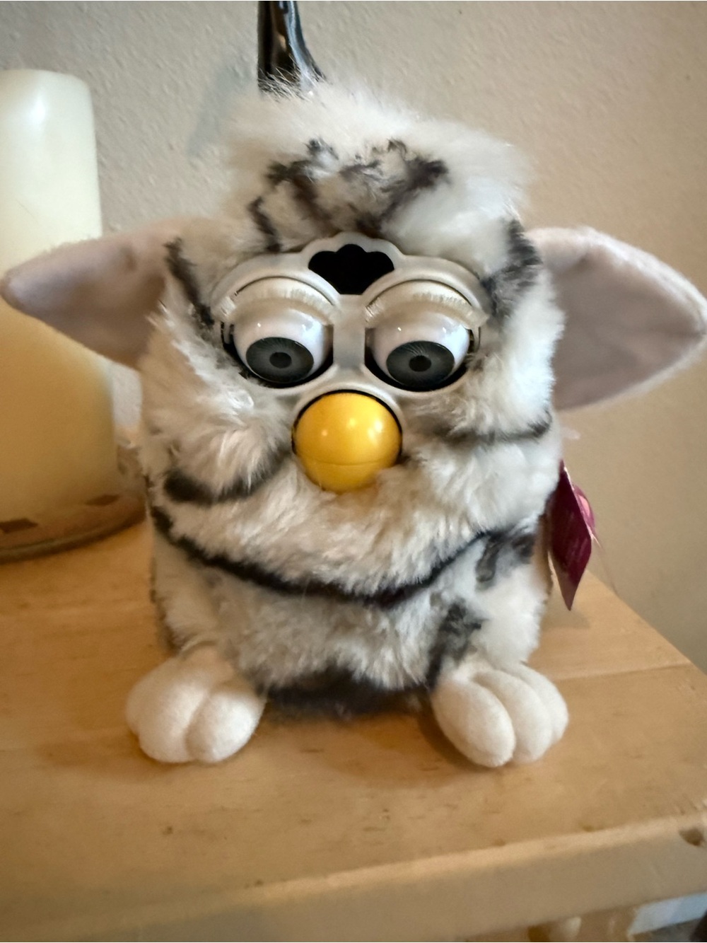 Vintage Tiger 1998 Furby-Style Plush Toy in White and Gray with Yellow Beak